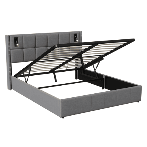 Cama estofada 140 x 200 cm, cama de casal com luz de leitura, cama de armazenamento hidráulica com ripas de madeira maciça e metal, cinza