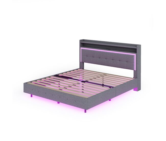 Cama de matrimonio de lino 140x200 cm con luz led,gris