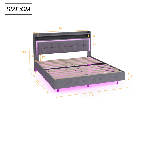 Cama de casal de linho 140x200 cm com luz led,cinza Cama de casal de linho 140x200 cm com luz led,cinza