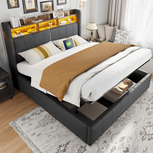 Cama de casal de linho 160x200 cm com armazenamento e luz led,cinza Cama de casal de linho 160x200 cm com armazenamento e luz led,cinza