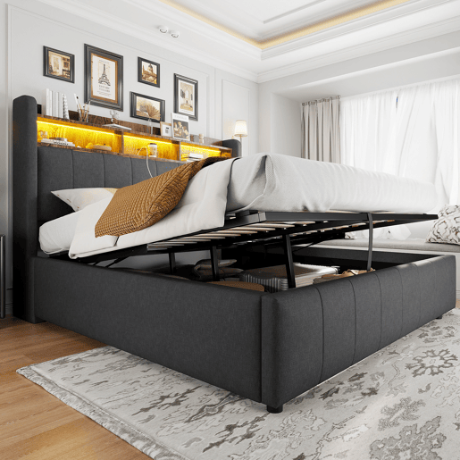 Cama de casal de linho 160x200 cm com armazenamento e luz led,cinza Cama de casal de linho 160x200 cm com armazenamento e luz led,cinza