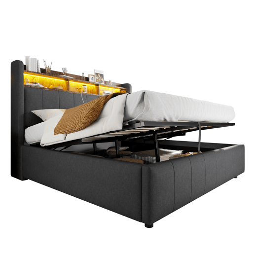Cama de casal de linho 160x200 cm com armazenamento e luz led,cinza Cama de casal de linho 160x200 cm com armazenamento e luz led,cinza
