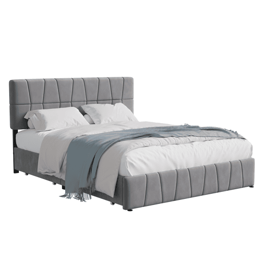 Cama estofada 160x200cm cama de casal com estrado de ripas e 4 gavetas, cama com arrumação cama de madeira cama funcional veludo, cinza