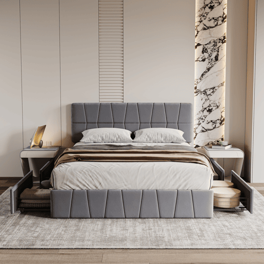 Cama estofada 160x200cm cama de casal com estrado de ripas e 4 gavetas, cama com arrumação cama de madeira cama funcional veludo, cinza