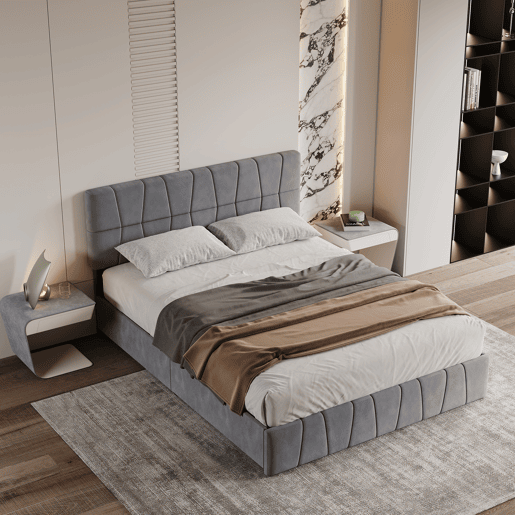 Cama estofada 160x200cm cama de casal com estrado de ripas e 4 gavetas, cama com arrumação cama de madeira cama funcional veludo, cinza