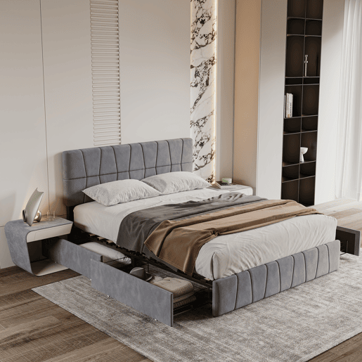 Cama estofada 160x200cm cama de casal com estrado de ripas e 4 gavetas, cama com arrumação cama de madeira cama funcional veludo, cinza