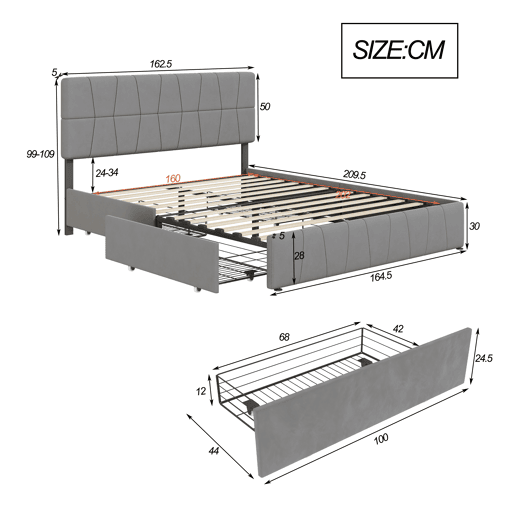 Cama estofada 160x200cm cama de casal com estrado de ripas e 4 gavetas, cama com arrumação cama de madeira cama funcional veludo, cinza