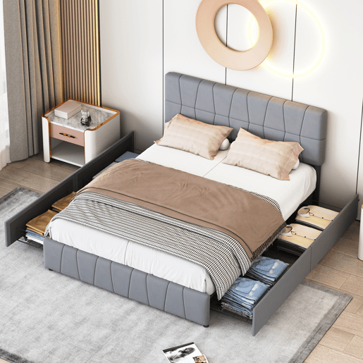 Cama estofada 160x200cm cama de casal com estrado de ripas e 4 gavetas, cama com arrumação cama de madeira cama funcional veludo, cinza