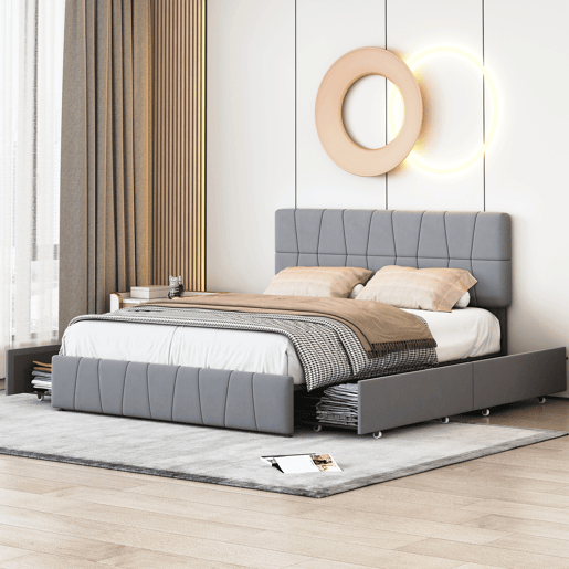 Cama estofada 160x200cm cama de casal com estrado de ripas e 4 gavetas, cama com arrumação cama de madeira cama funcional veludo, cinza