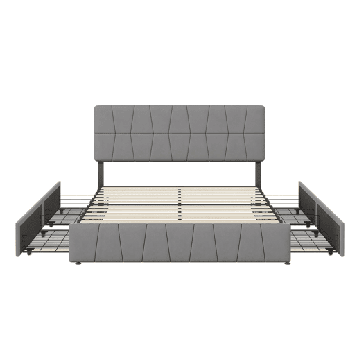 Cama estofada 160x200cm cama de casal com estrado de ripas e 4 gavetas, cama com arrumação cama de madeira cama funcional veludo, cinza