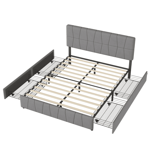 Cama estofada 160x200cm cama de casal com estrado de ripas e 4 gavetas, cama com arrumação cama de madeira cama funcional veludo, cinza
