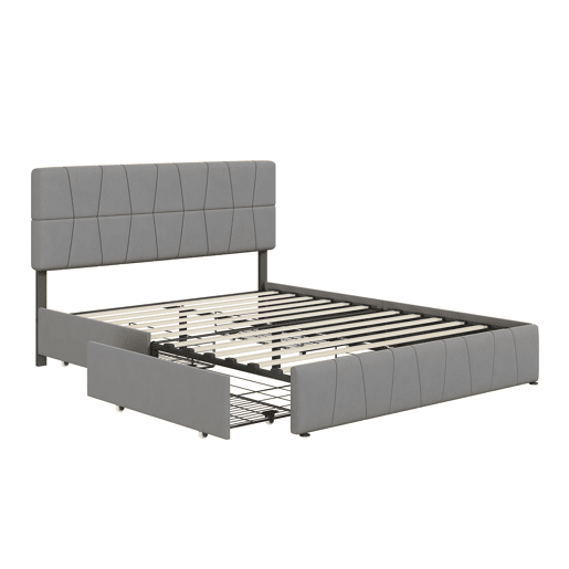 Cama estofada 160x200cm cama de casal com estrado de ripas e 4 gavetas, cama com arrumação cama de madeira cama funcional veludo, cinza