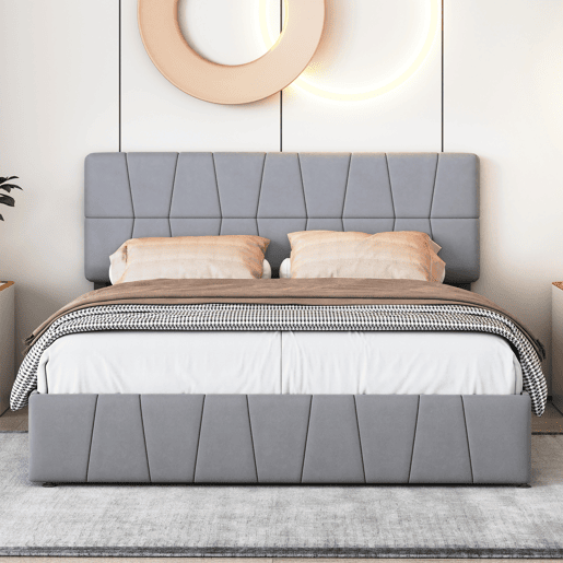 Cama estofada 160x200cm cama de casal com estrado de ripas e 4 gavetas, cama com arrumação cama de madeira cama funcional veludo, cinza