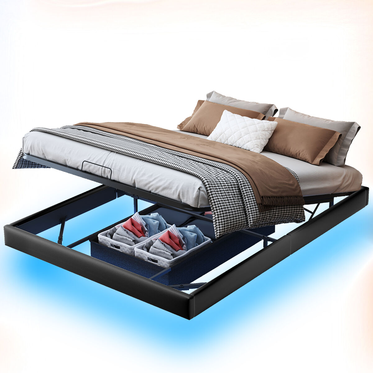 Cama tapizada 160x200 con somier de láminas de madera, estructura de cama 160x200 cm con iluminación led, cama con sábanas, robusta y estable, cama