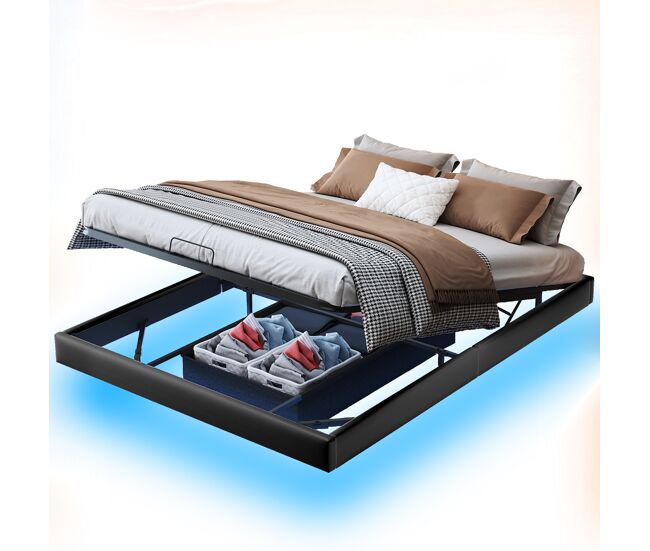 Cama tapizada 160x200 con somier de láminas de madera, estructura de cama 160x200 cm con iluminación led, cama con sábanas, robusta y estable, cama