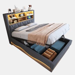 Cama de casal de linho 140x200 cm com armazenamento e luz led,cinza