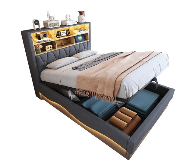 Cama de matrimonio de lino 140x200 cm con almacenaje y luz led,gris