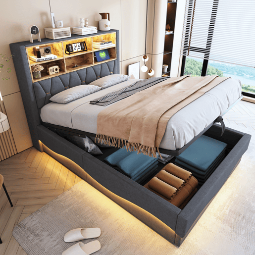 Cama de casal de linho 140x200 cm com armazenamento e luz led,cinza Cama de casal de linho 140x200 cm com armazenamento e luz led,cinza