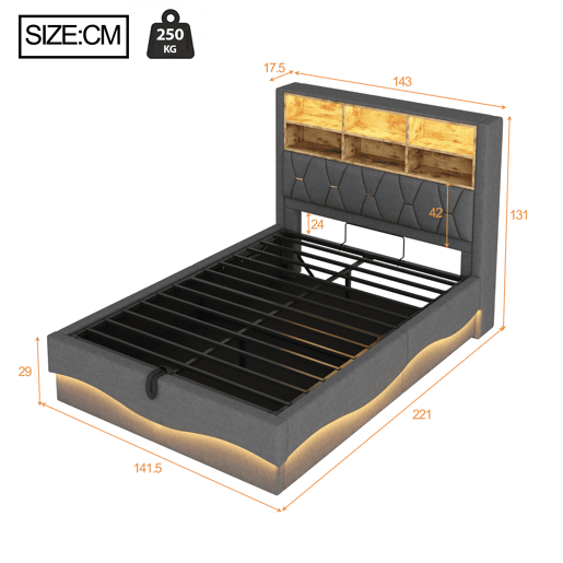 Cama de casal de linho 140x200 cm com armazenamento e luz led,cinza Cama de casal de linho 140x200 cm com armazenamento e luz led,cinza
