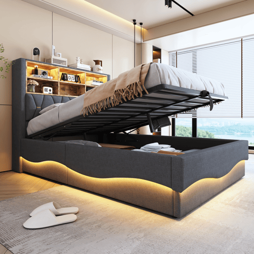 Cama de casal de linho 140x200 cm com armazenamento e luz led,cinza Cama de casal de linho 140x200 cm com armazenamento e luz led,cinza