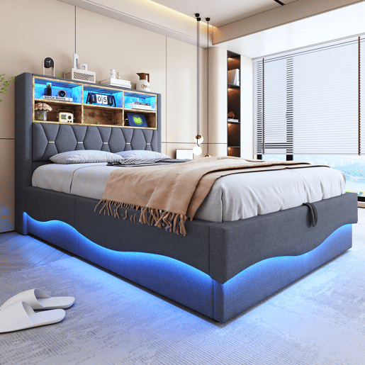 Cama de casal de linho 140x200 cm com armazenamento e luz led,cinza Cama de casal de linho 140x200 cm com armazenamento e luz led,cinza