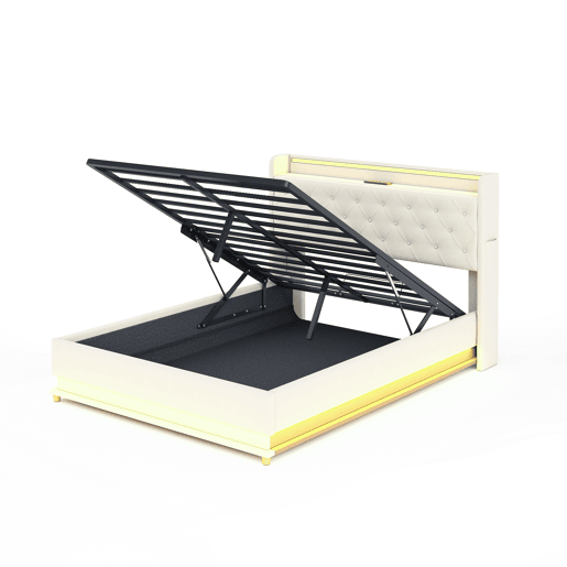 Cama de casal de linho 140x200 cm com armazenamento e luz led,bege Cama de casal de linho 140x200 cm com armazenamento e luz led,bege