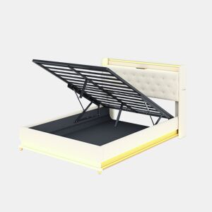 Cama de casal de linho 140x200 cm com armazenamento e luz led,bege