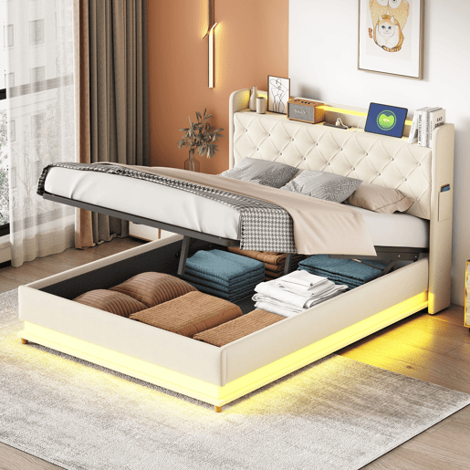 Cama de casal de linho 140x200 cm com armazenamento e luz led,bege Cama de casal de linho 140x200 cm com armazenamento e luz led,bege