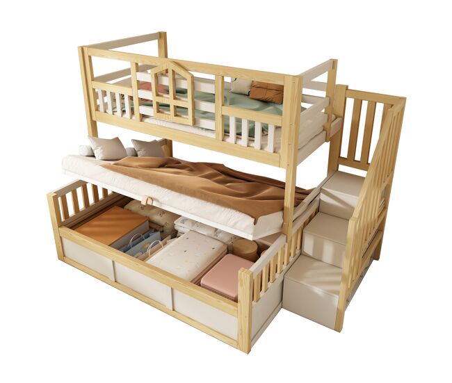 Litera infantil de madera maciza 140x200(90x200) cm con almacenaje,natural+blanco