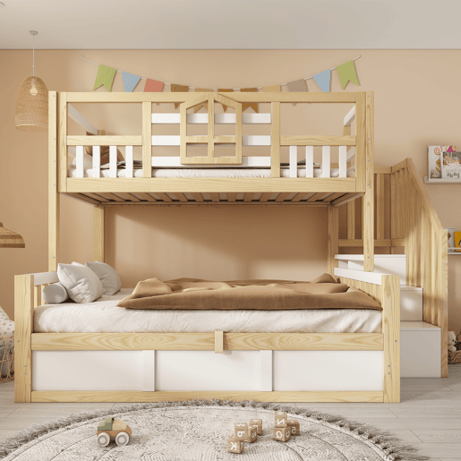Beliche de madeira maciça 140x200(90x200) cm com armazenamento,natural+branco Beliche de madeira maciça 140x200(90x200) cm com armazenamento,natural+branco