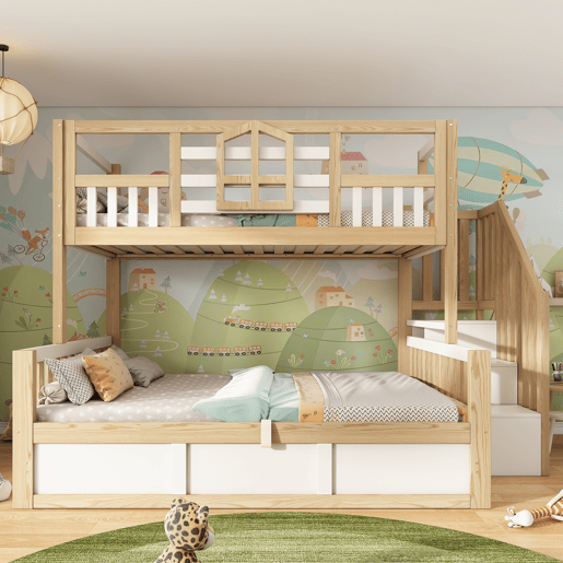 Beliche de madeira maciça 140x200(90x200) cm com armazenamento,natural+branco Beliche de madeira maciça 140x200(90x200) cm com armazenamento,natural+branco