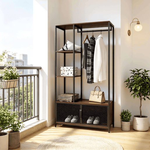Cabideiro de pé - Organizador de roupa aberto e multifuncional para o quarto e a entrada - Preto Cabideiro de pé - Organizador de roupa aberto e multifuncional para o quarto e a entrada - Preto