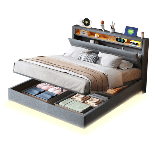 Cama de casal de linho 140x200 cm com armazenamento e luz led,cinza Cama de casal de linho 140x200 cm com armazenamento e luz led,cinza