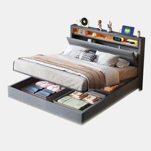 Cama de casal de linho 140x200 cm com armazenamento e luz led,cinza