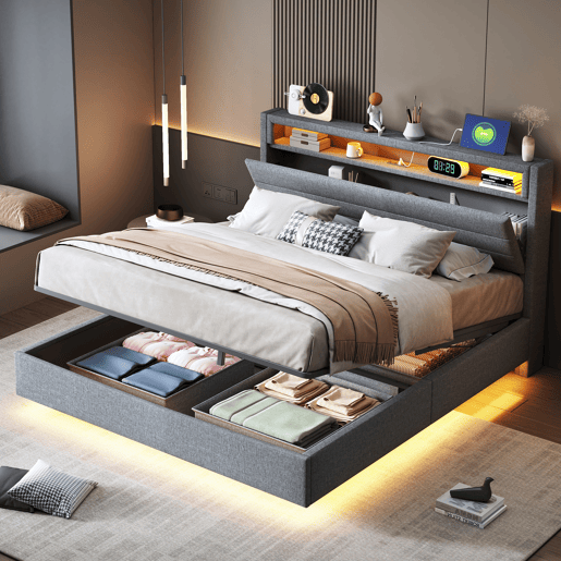 Cama de casal de linho 140x200 cm com armazenamento e luz led,cinza Cama de casal de linho 140x200 cm com armazenamento e luz led,cinza