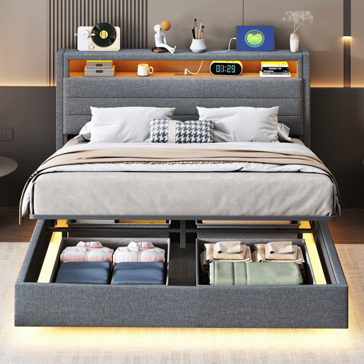 Cama de casal de linho 140x200 cm com armazenamento e luz led,cinza Cama de casal de linho 140x200 cm com armazenamento e luz led,cinza