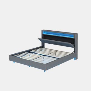 Cama de casal de linho 140x200 cm com luz led,cinza