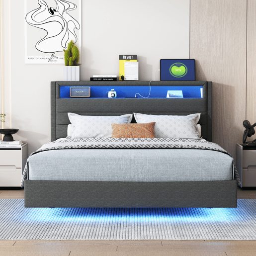 Cama de casal de linho 140x200 cm com luz led,cinza Cama de casal de linho 140x200 cm com luz led,cinza