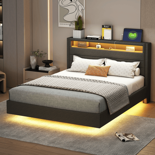 Cama de casal de linho 140x200 cm com luz led,cinza Cama de casal de linho 140x200 cm com luz led,cinza