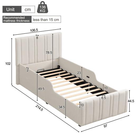 Cama de criança,cama de solteiro de linho 90x200 cm com armazenamento,bege