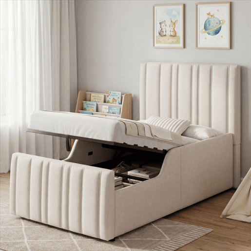 Cama de criança,cama de solteiro de linho 90x200 cm com armazenamento,bege