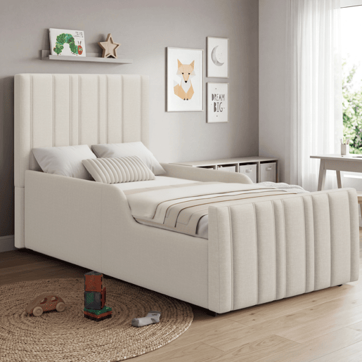 Cama de criança,cama de solteiro de linho 90x200 cm com armazenamento,bege