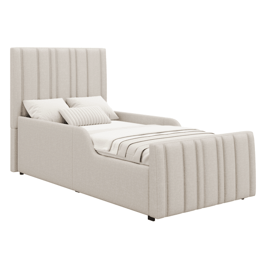 Cama de criança,cama de solteiro de linho 90x200 cm com armazenamento,bege