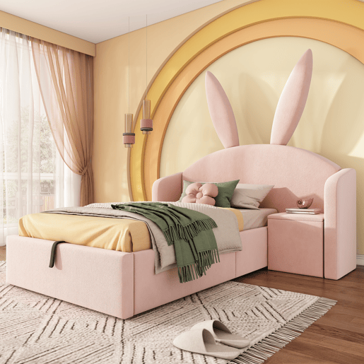 Cama de criança,cama de solteiro de veludo 90x190 cm com armazenamento,rosa