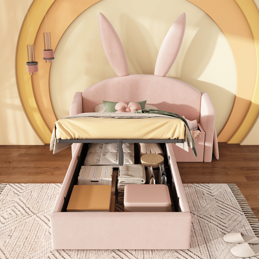 Cama de criança,cama de solteiro de veludo 90x190 cm com armazenamento,rosa