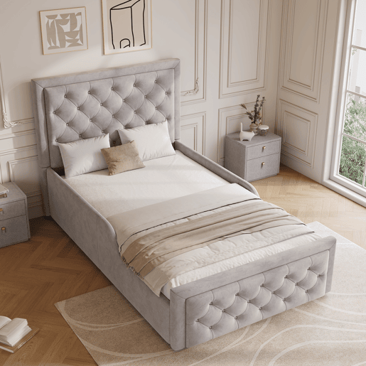 Cama de solteiro de veludo 90x200 cm com armazenamento,cinza Cama de solteiro de veludo 90x200 cm com armazenamento,cinza