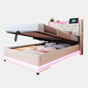 Cama de solteiro de linho 90x200 cm com armazenamento e luz led,bege