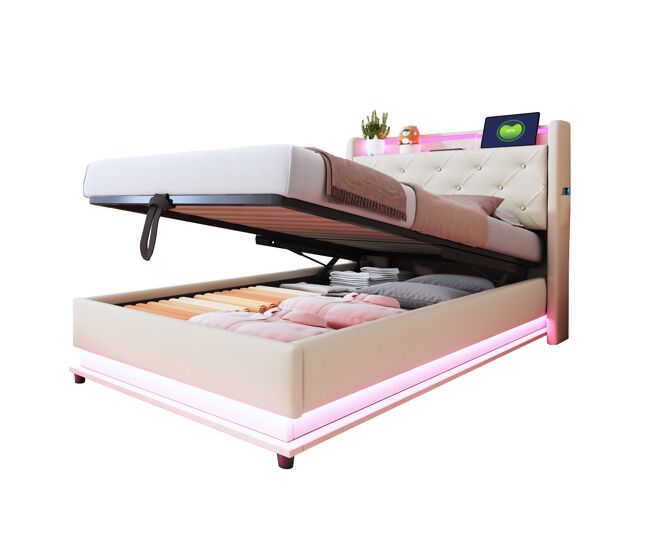 Cama individual de lino 90x200 cm con almacenaje y luz led,beige