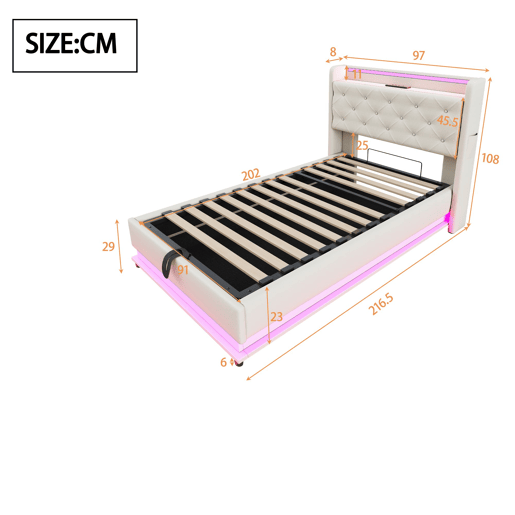 Cama de solteiro de linho 90x200 cm com armazenamento e luz led,bege Cama de solteiro de linho 90x200 cm com armazenamento e luz led,bege