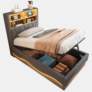 Cama de solteiro de linho 90x200 cm com armazenamento e luz led,cinza